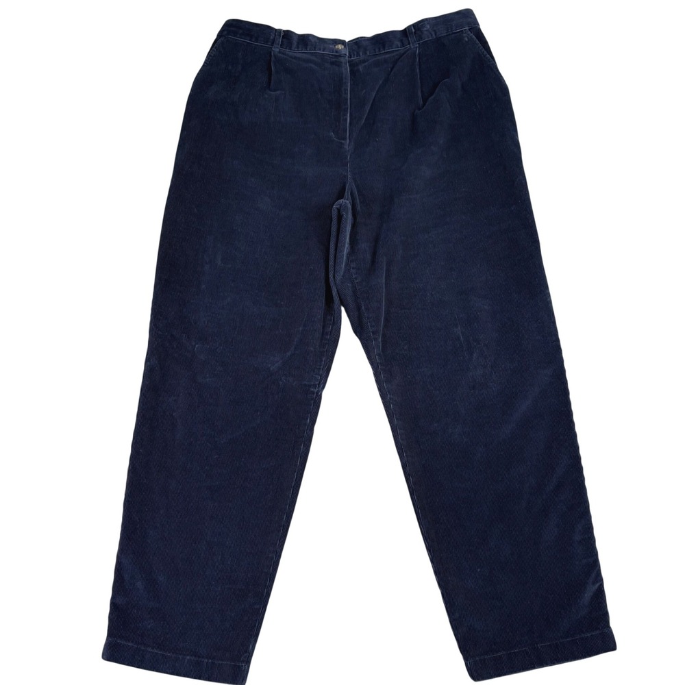 LL Bean Womens 20W Corduroy Pants Navy Blue Stretch Waist Pleated Wide Leg Retro